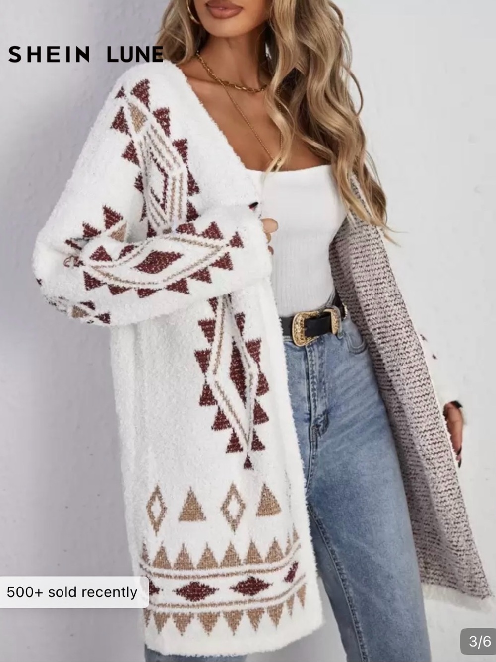 White Aztec Open-Front Knit Cardigan